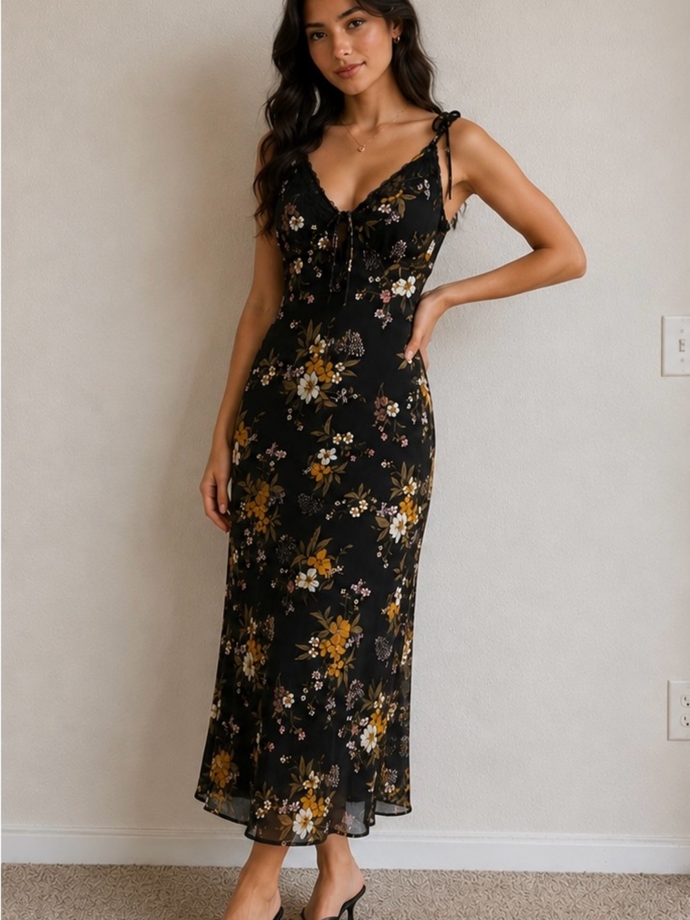 wild fable Black Floral Lace-Trim Maxi Dress